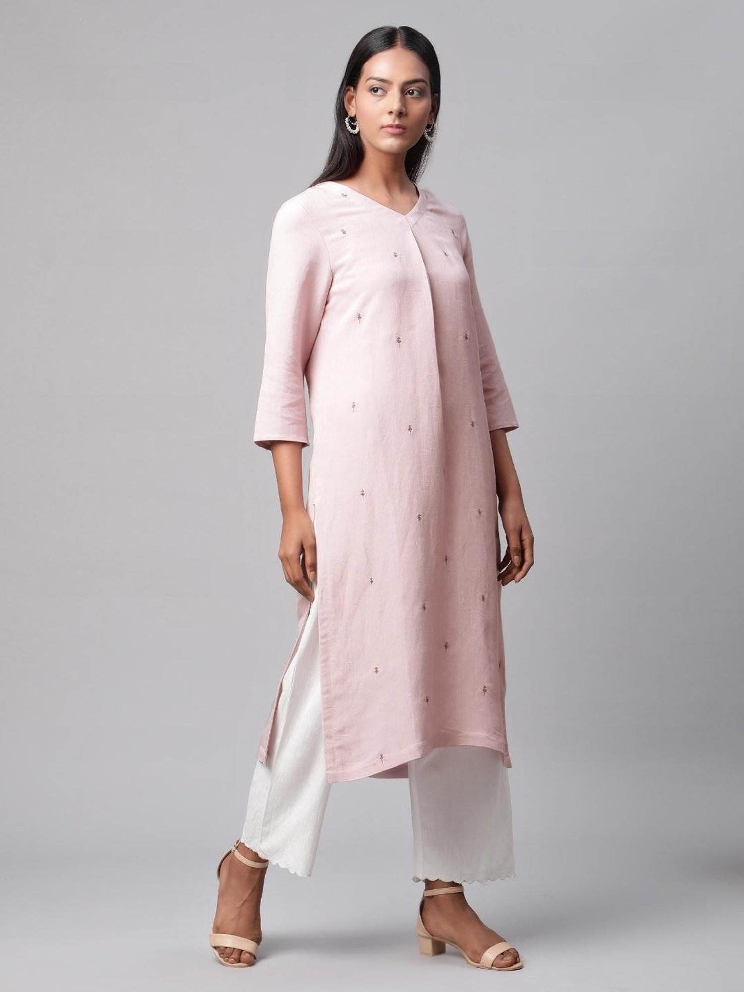 Linen Club Women Light Pink Embroidered Kurta