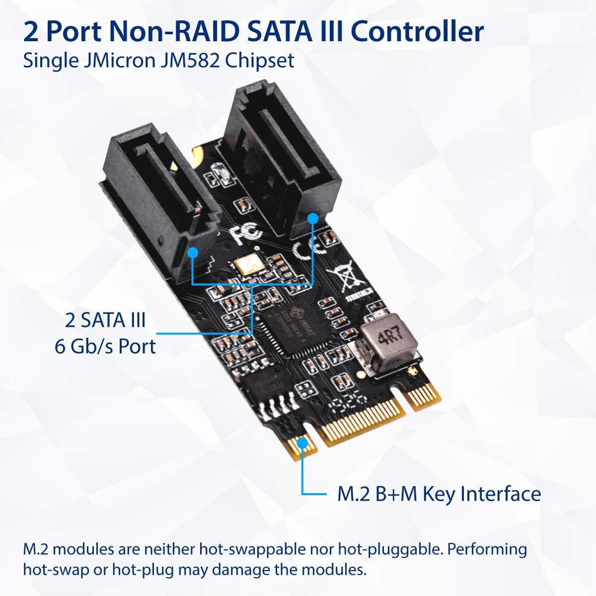 IO CREST M.2 22x42 to SATA III 2 Ports Adapter Card (Jmicro Chipset), Add Two SATA 3.0 Devices to Any M.2 2242 Slot