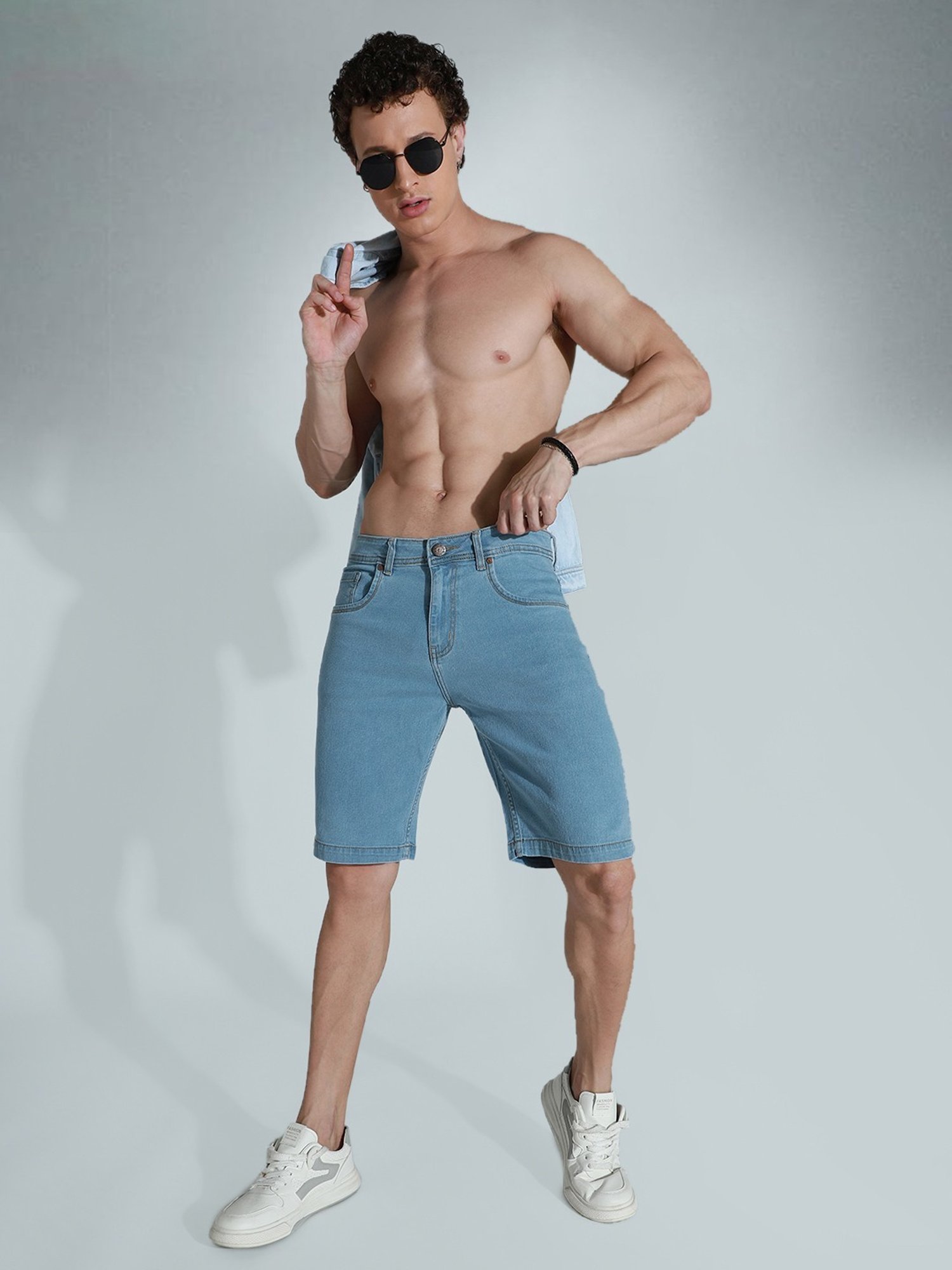 High Star Blue Cotton Regular Fit Denim Shorts