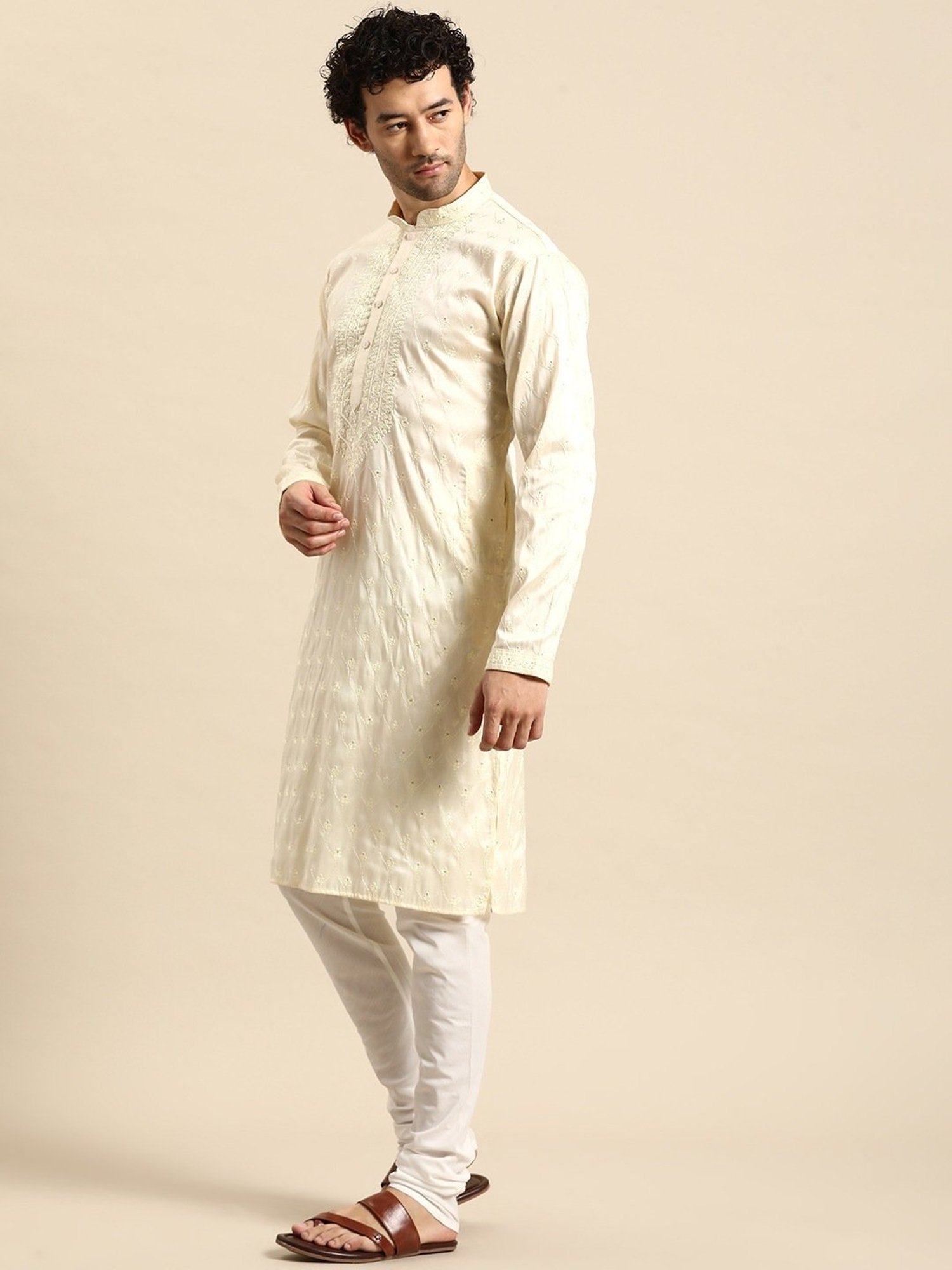 ManQ Cream Regular Fit Embroidered Kurta