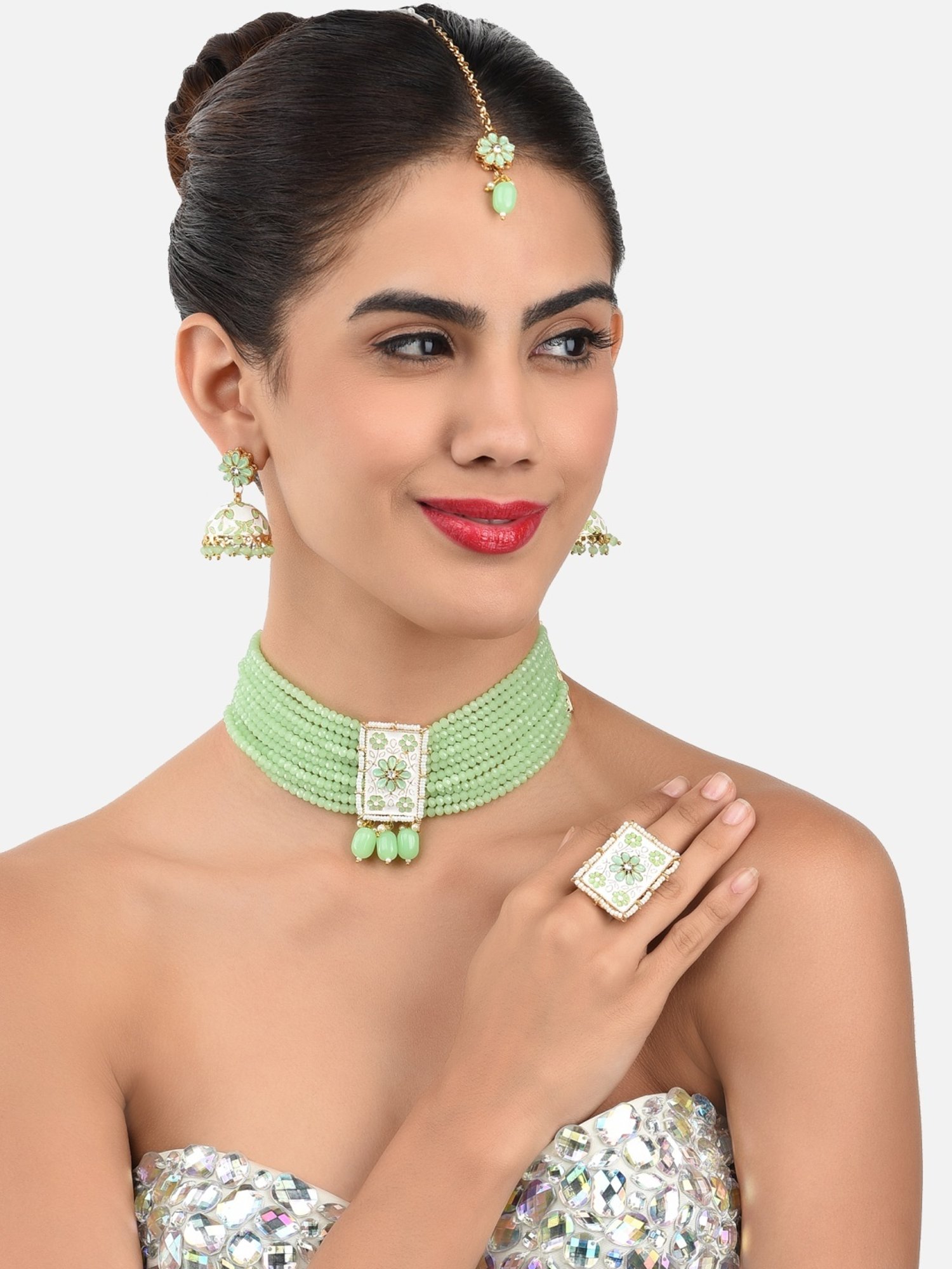 Zaveri Pearls Green White Enamel Multistrand Necklace, Earring, Maangtikka & Ring Set