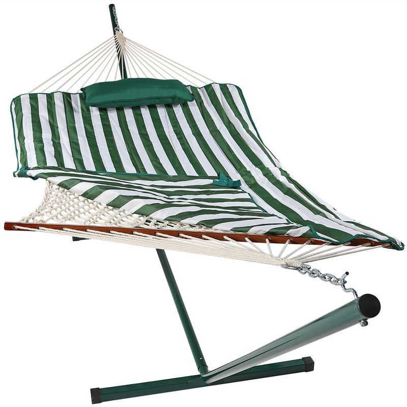 Sorbus Brazilian Double Hammock with Stand - Green, Blue Stripes