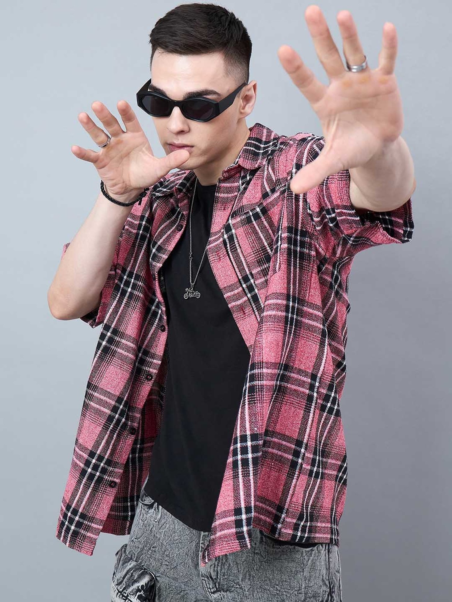 CHIMPAAANZEE Red & Black Loose Fit Check Oversized Shirt