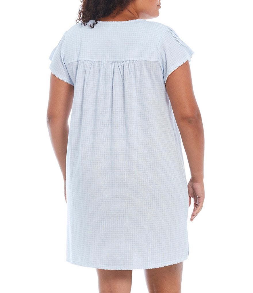 Miss Elaine Plus Gingham Checked Print Silky Knit Square Neck Cap Sleeve Short Gown