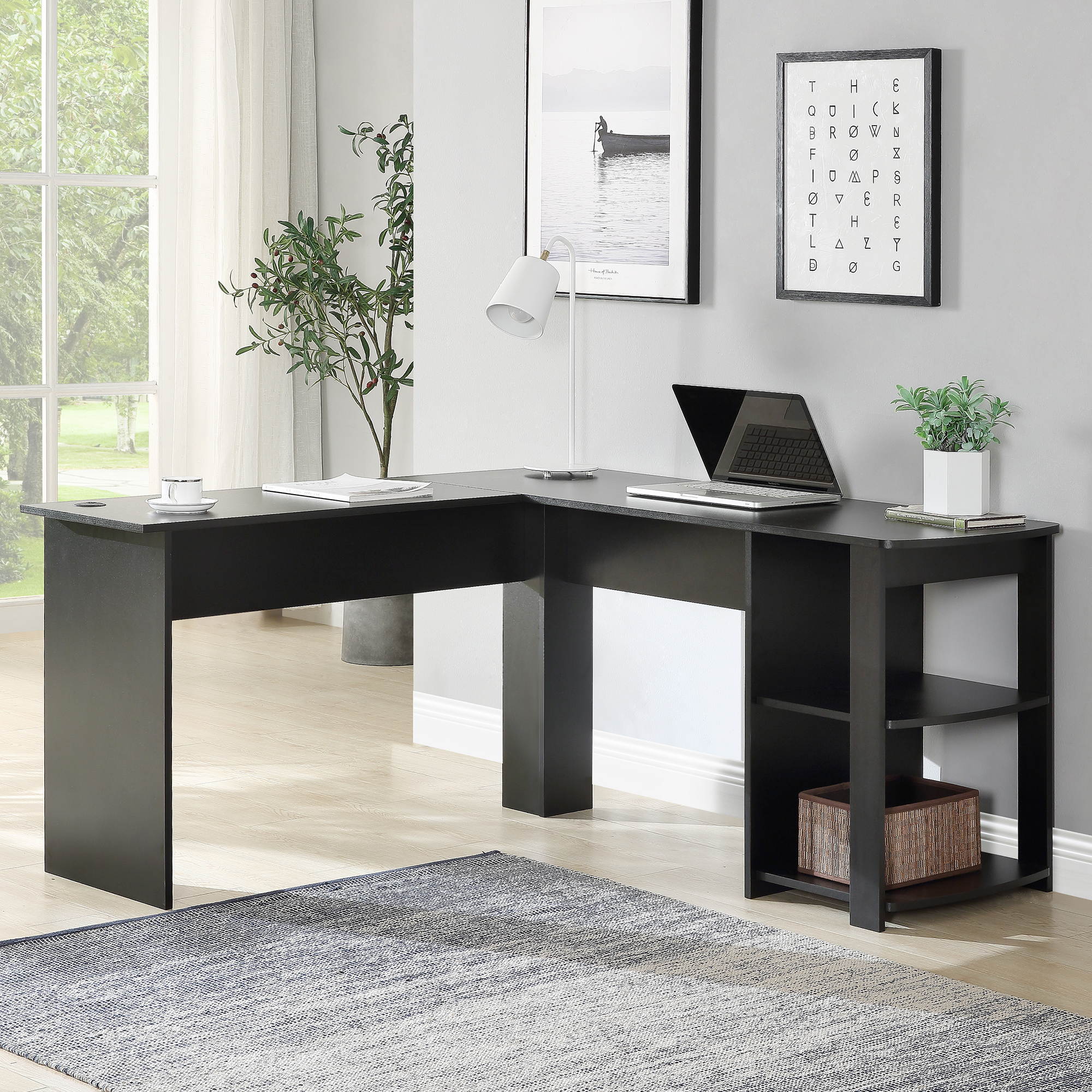 L-Shaped Corner Desk Gaming Desk Home Office Desk Computer Desk Study Workstation Furniture PC Table Writing Table with 2 Open Storage Bookshelves No Tool Assemble Required Black