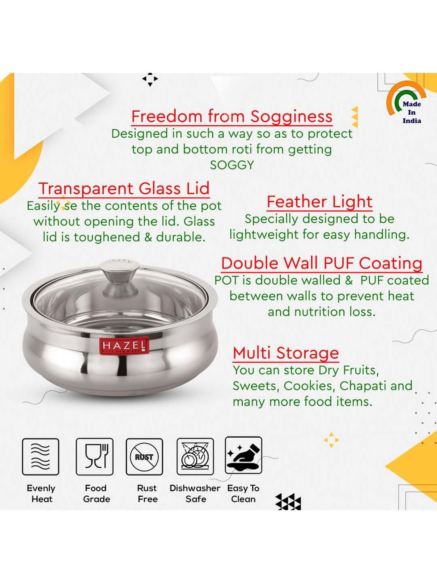 HAZEL Silver Stainless Steel Casserole With Glass Lid (2.5 L)