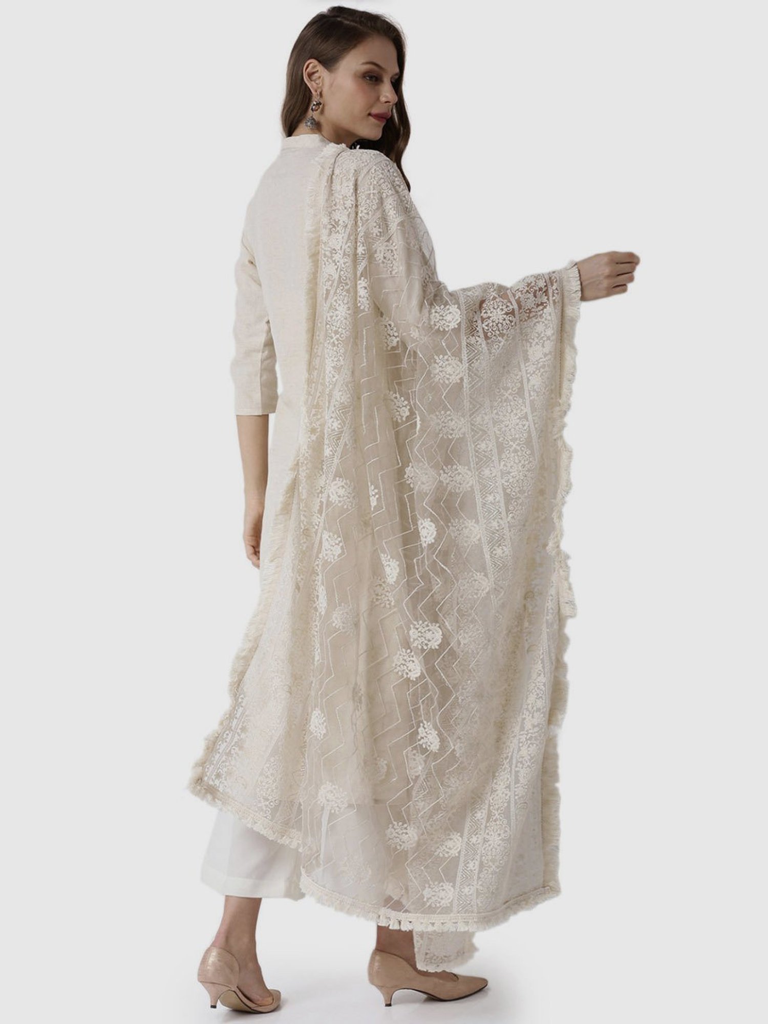 Soch Women Beige Crepe Embroidery Duppatta