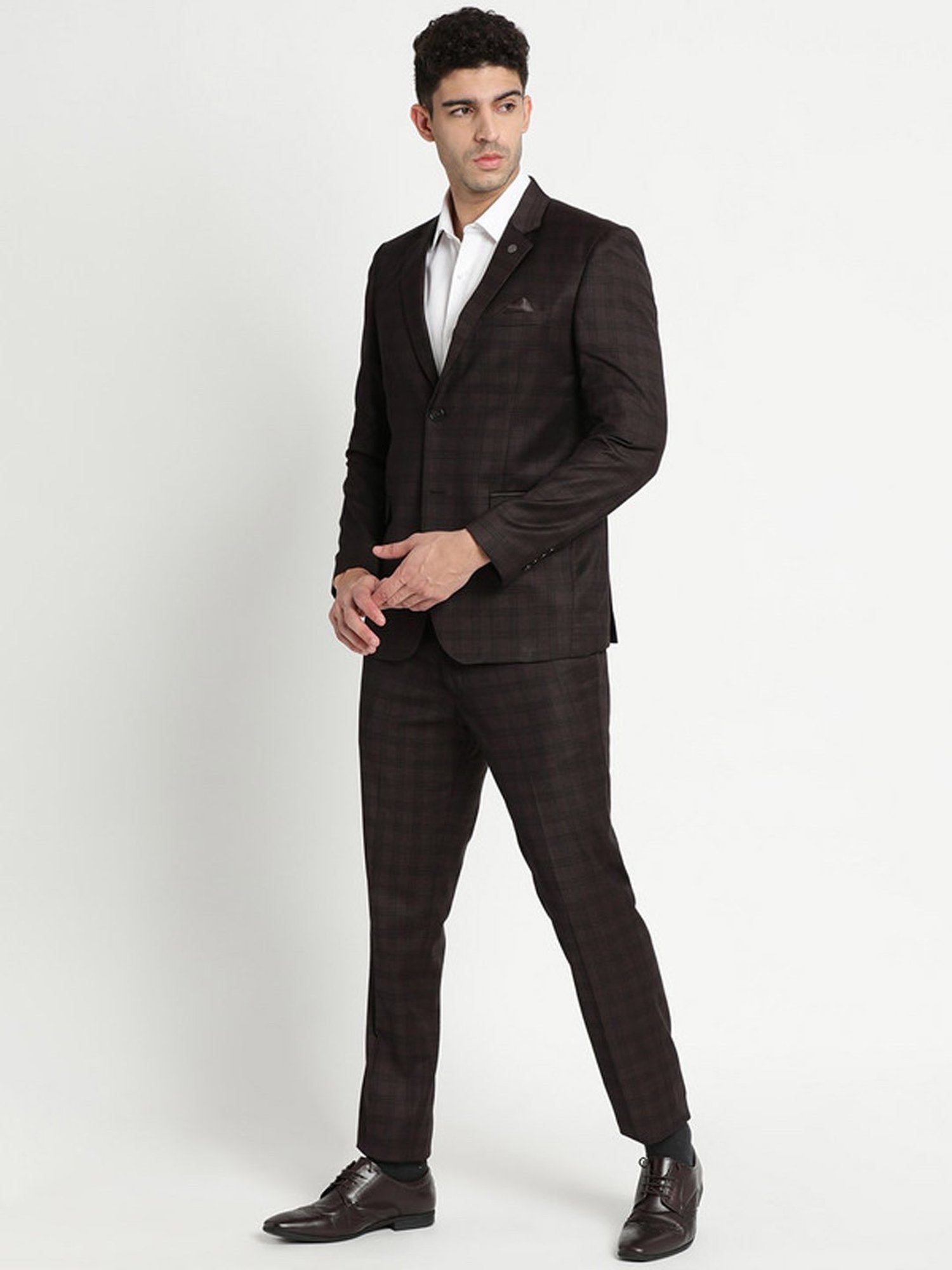 Turtle Brown Slim Fit Checks Two Piece Suit