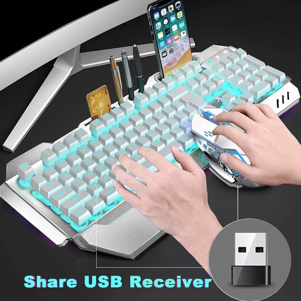 Wireless Gaming Keyboard and Mouse,Rainbow Backlit Rechargeable Keyboard Mouse with 3800mAh Battery Metal Panel,Removable Hand Rest Mechanical Feel Keyboard and 7 Color Gaming Mute Mouse for PC Gamers