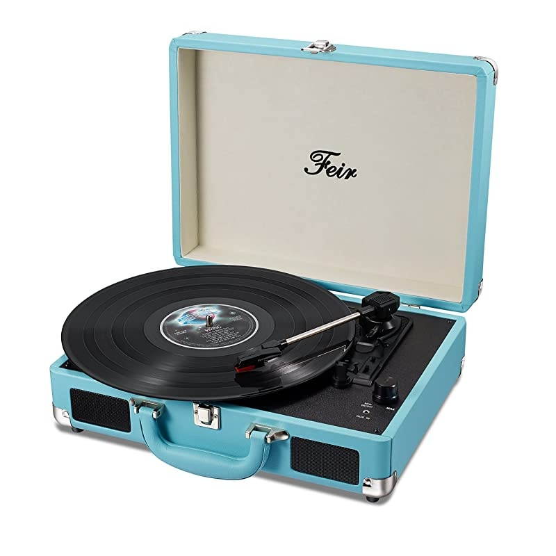Stereo Blue Record Player 3 Speed Portable Turntable Suitcase Built in 2 Speakers RCA Line Out AUX Headphone Jack PC Recorder