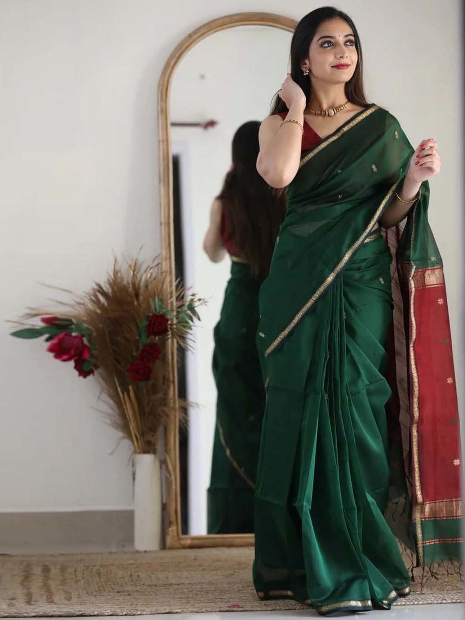 SHUBHKALA Green & Maroon Silk Woven Saree With Unstitched Blouse