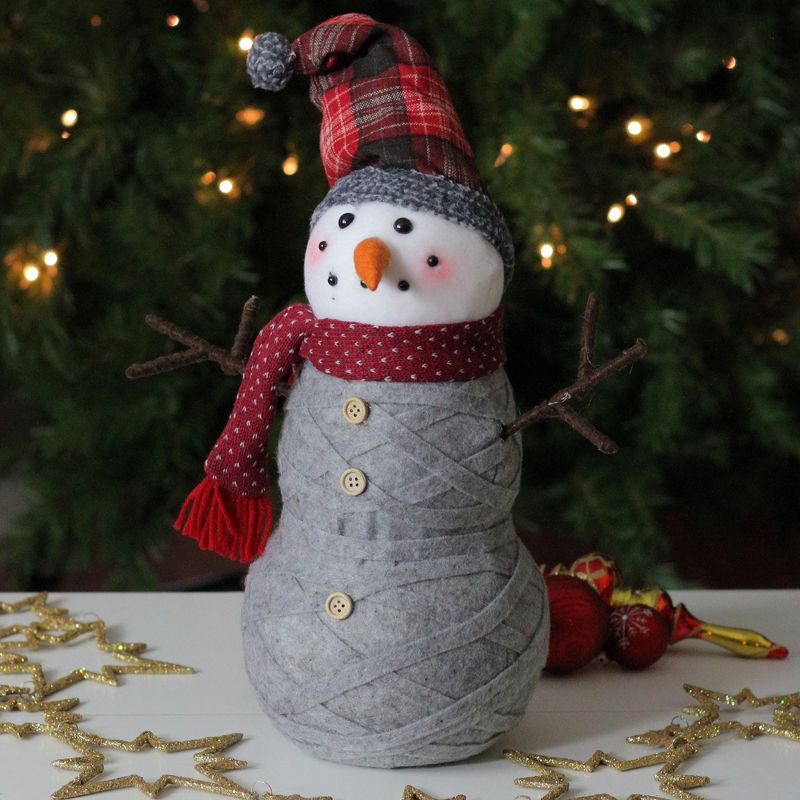 Diva At Home 18.5" Woven Style Sweater Snowman with Plaid Hat Christmas Tabletop Decoration