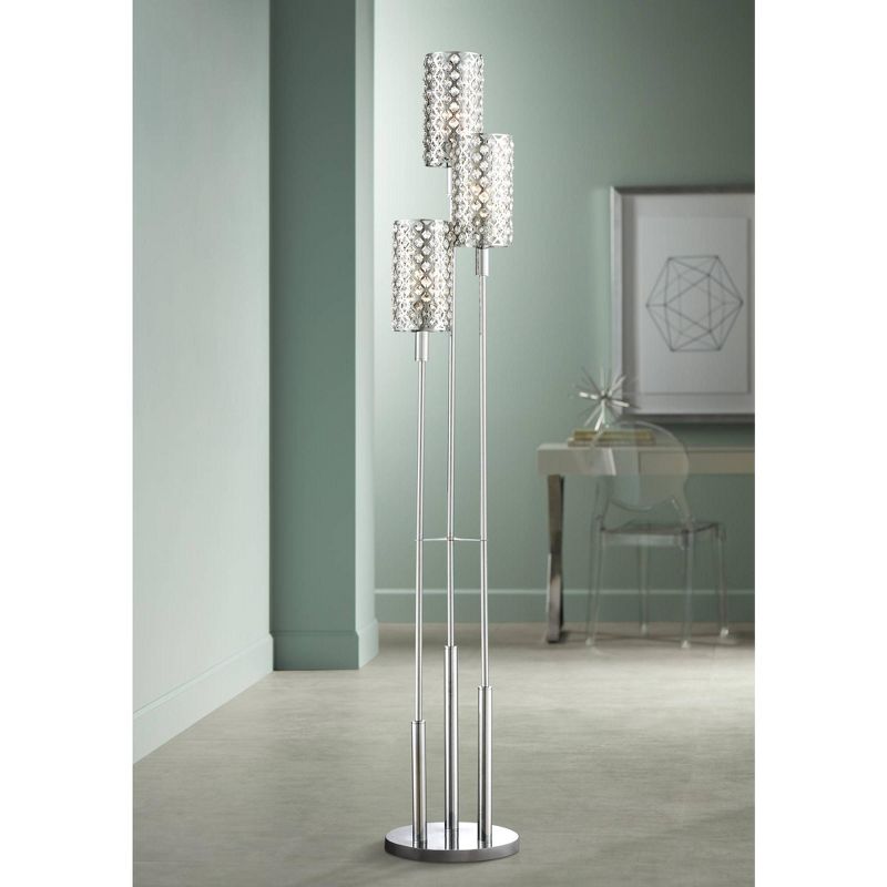 Possini Euro Design Modern Floor Lamp 3 Light Chrome Glitz Clear Crystal Bead for Living Room Reading Bedroom Office Uplight