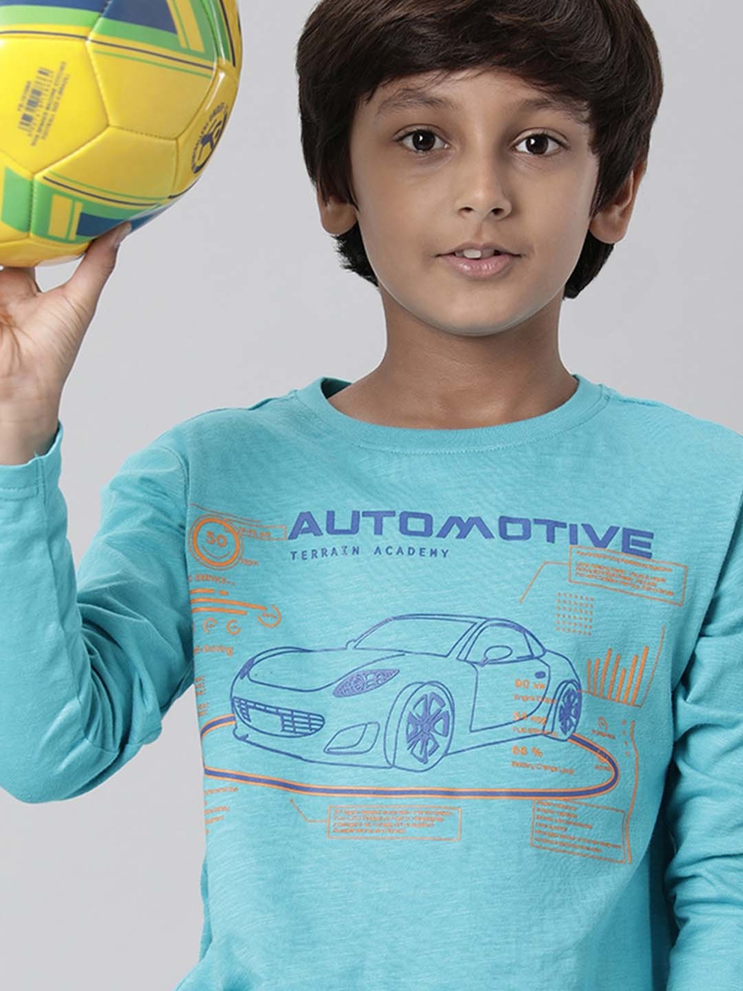 Indian Terrain Kids Blue Cotton Printed Full Sleeves T-Shirt