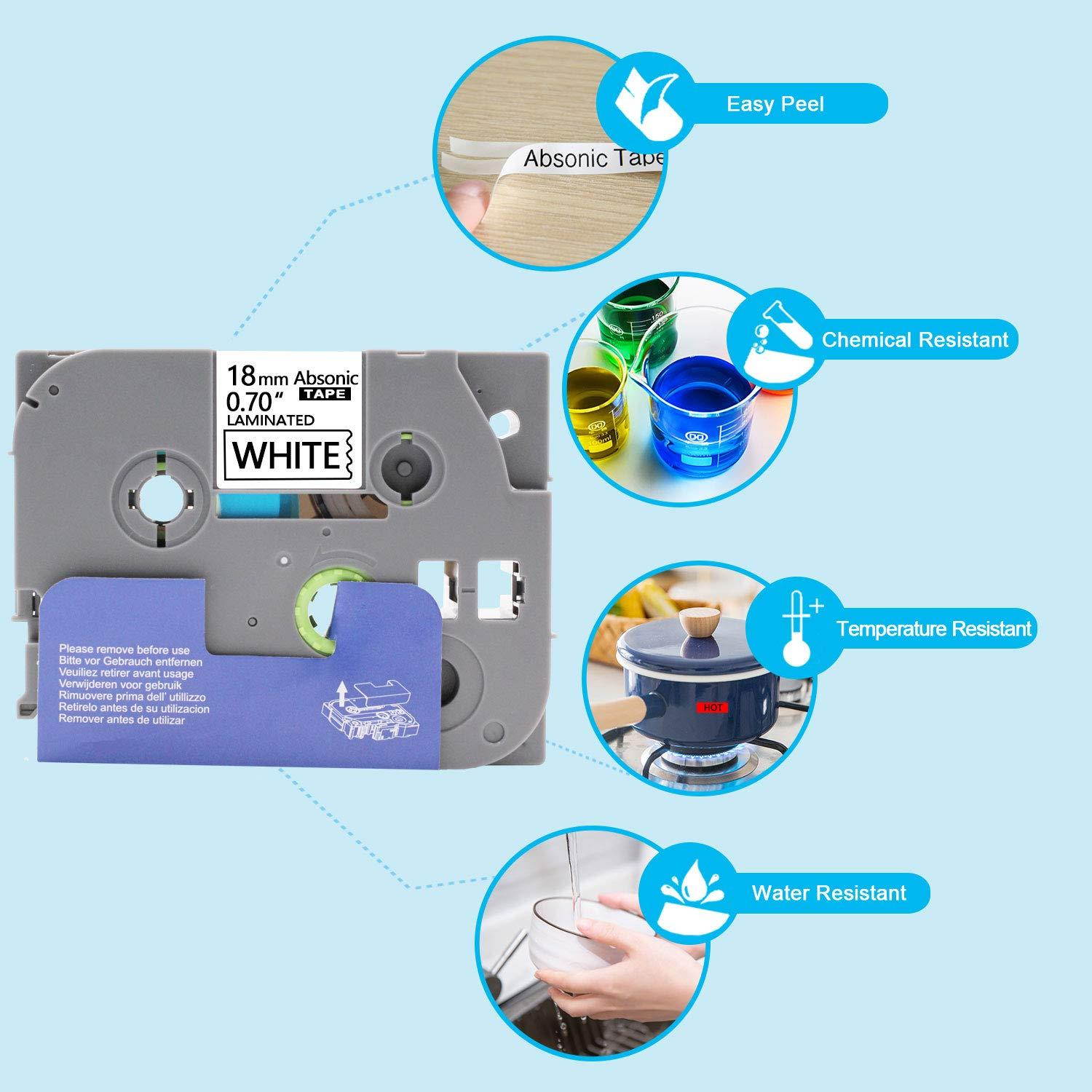 P Touch Label Tape 12mm 0.47'', Absonic Tze 231 Tape Laminated Black on White Compatible for Brother P-Touch PTD210 PTH110 PT-H100 PTD400 PDT600 PTD200, 12mm (1/2In) x 8m (26.2ft) 4-Pack