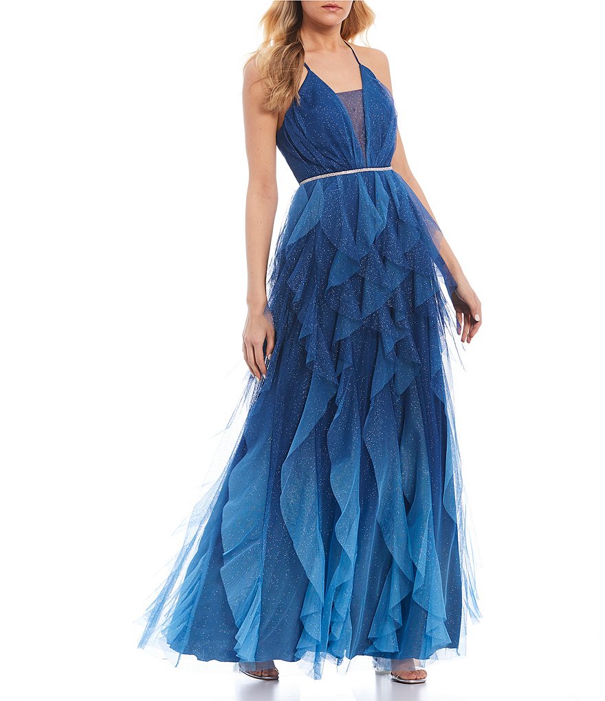 Teeze Me Halter Tie-Neck Lace-Up Back Ombre Corkscrew Dress