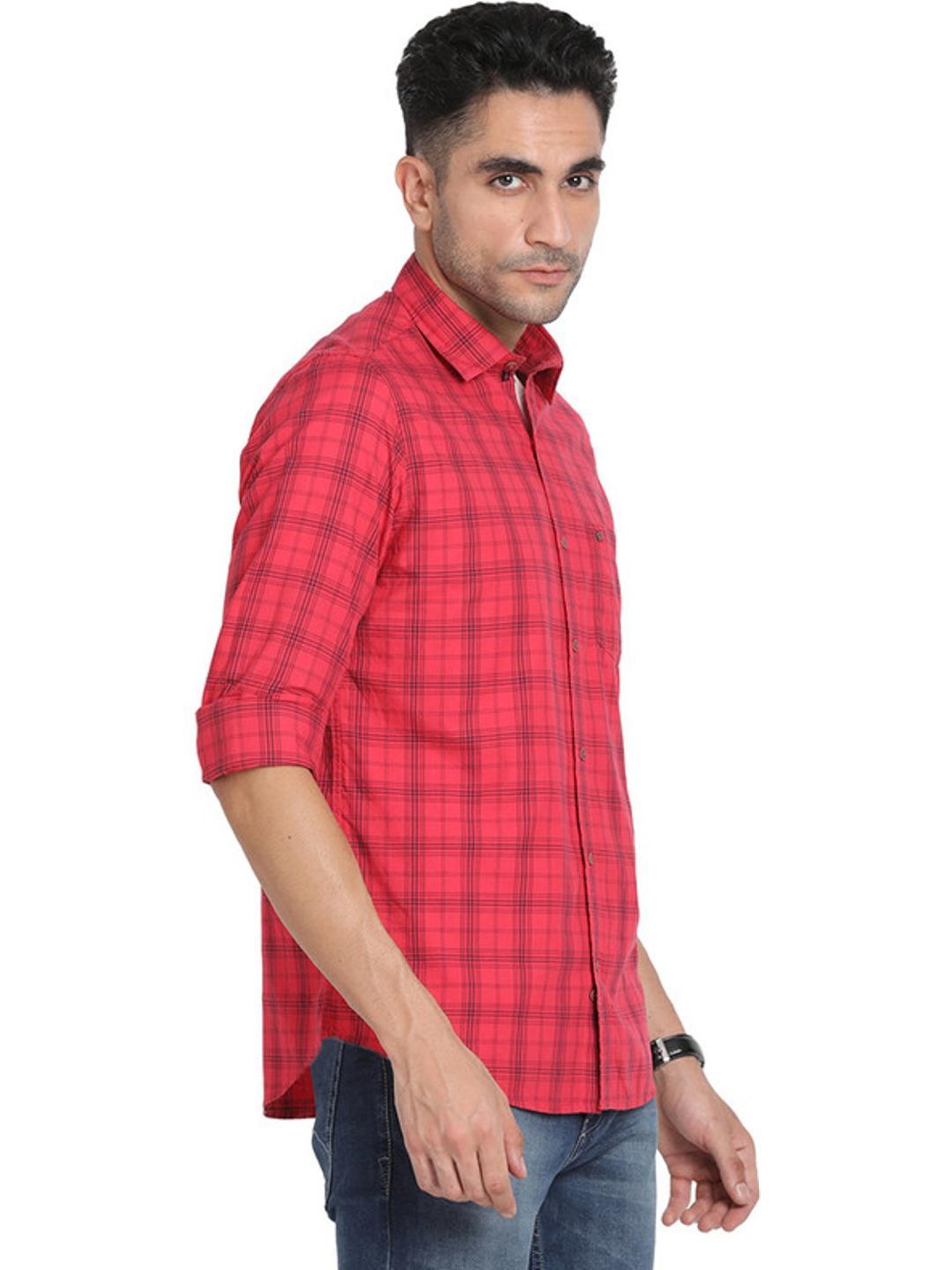 Turtle Red Cotton Slim Fit Checks Shirts