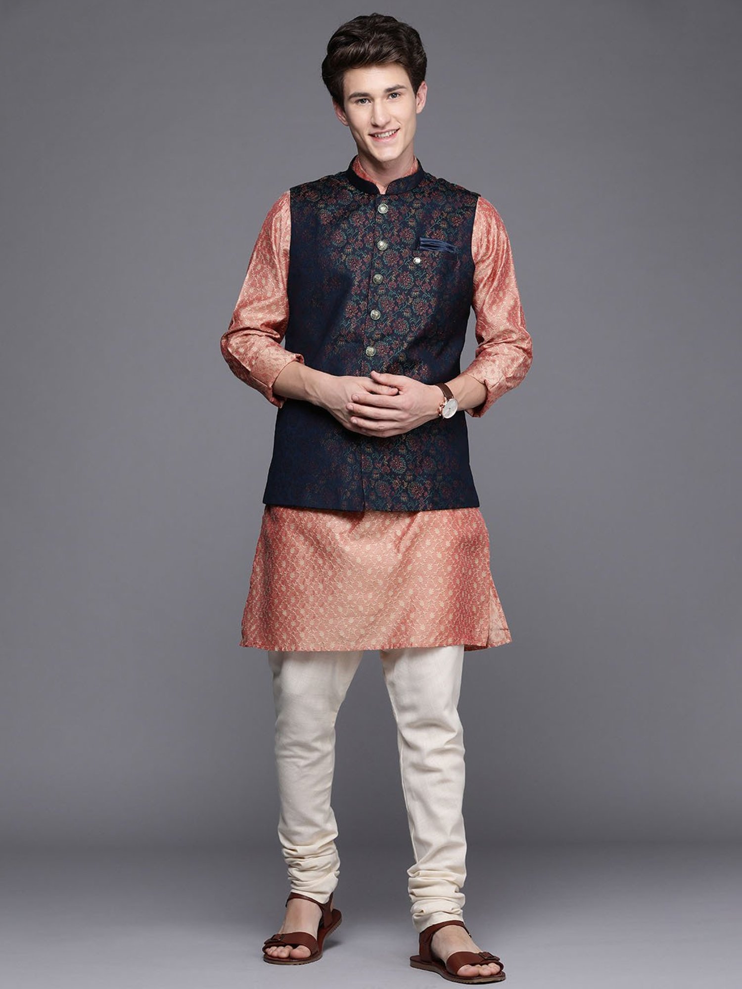Manyavar Blue Regular Fit Floral Print Nehru Jacket