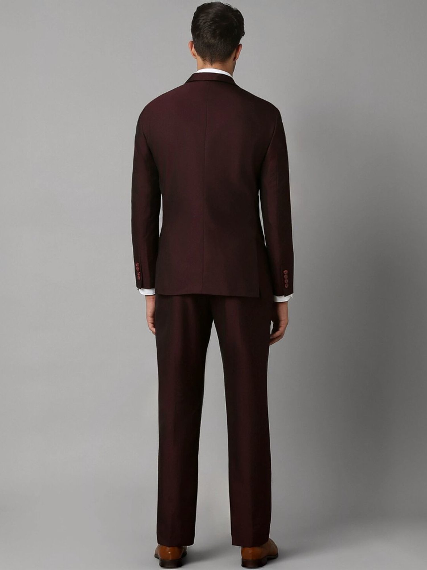 Louis Philippe Maroon Slim Fit Self Pattern Three Piece Suits