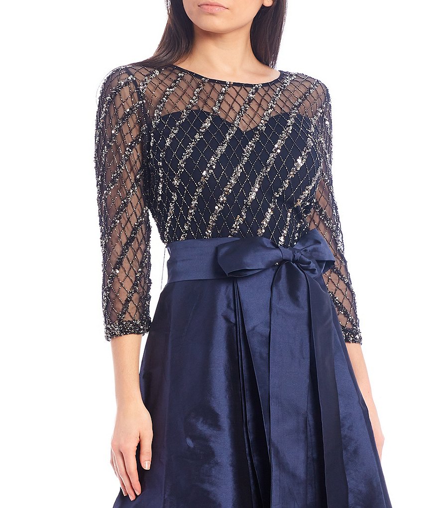 Pisarro Nights Beaded Bodice 3/4 Sleeve Tie Waist Hi-Low Taffeta Ball Gown