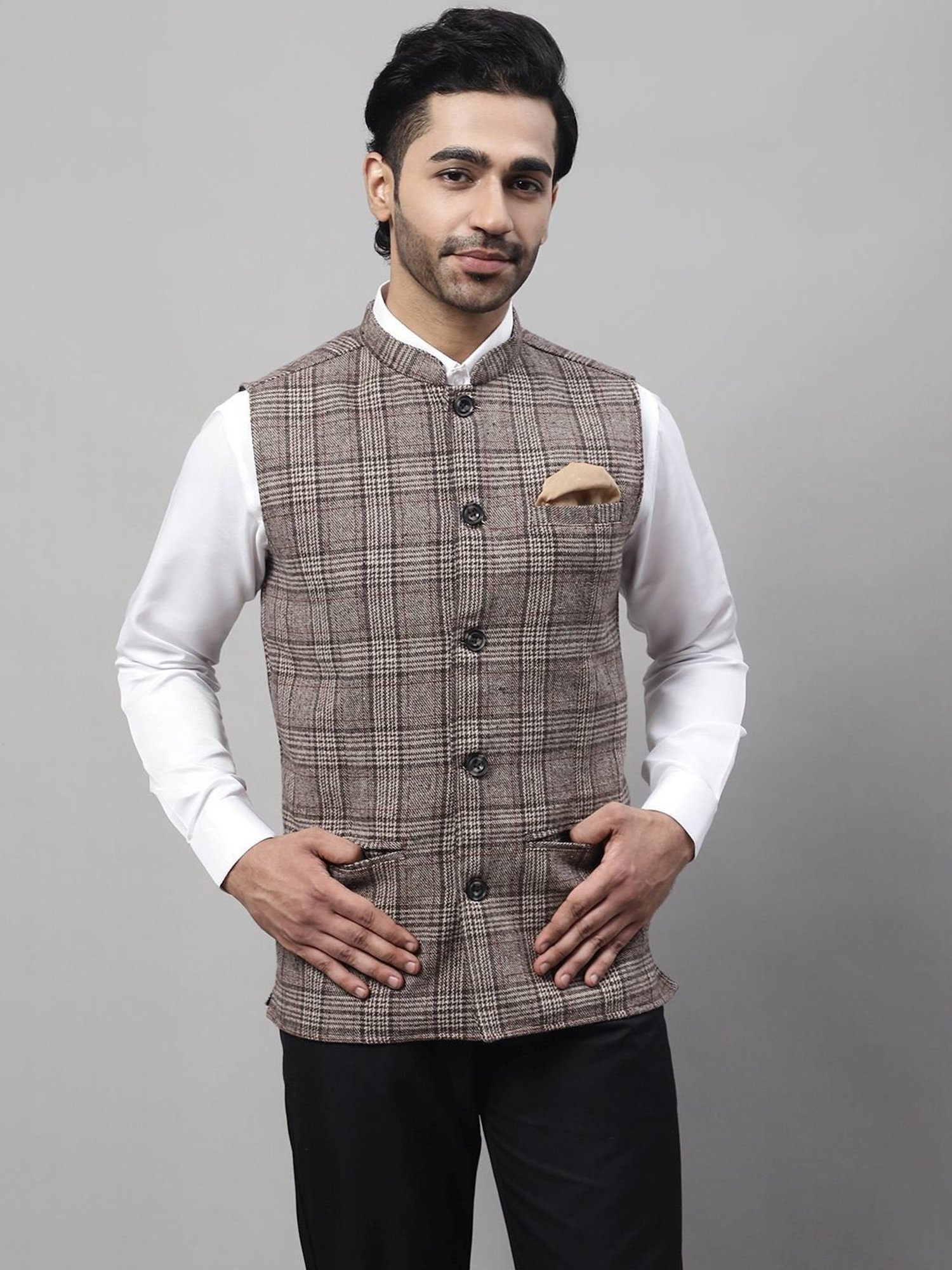 Even Beige Regular Fit Checks Nehru Jacket