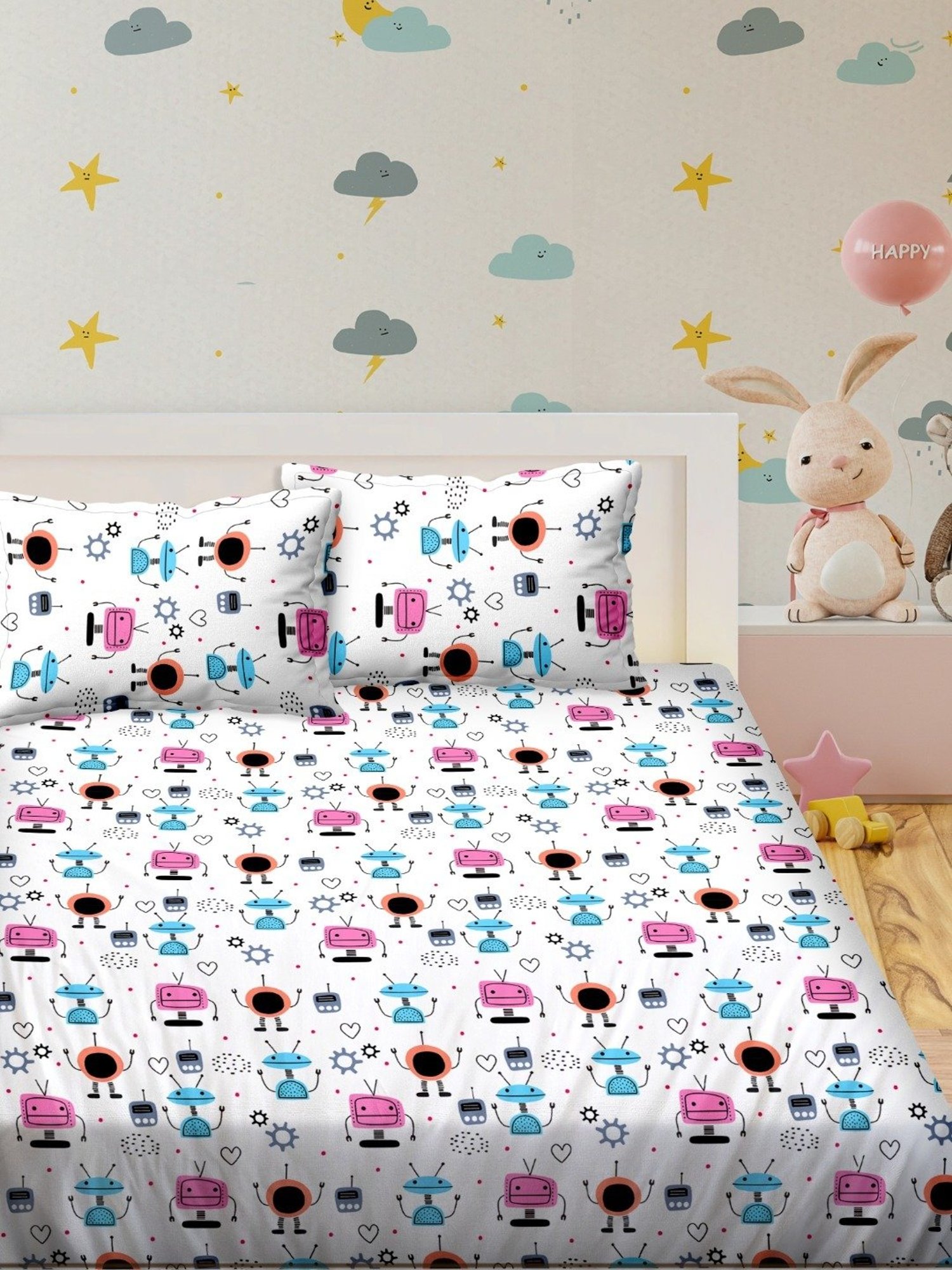 BELLA CASA Kidz Kindom Printed Multicolor 180 TC Cotton King Bedsheet with 2 Pillow Covers