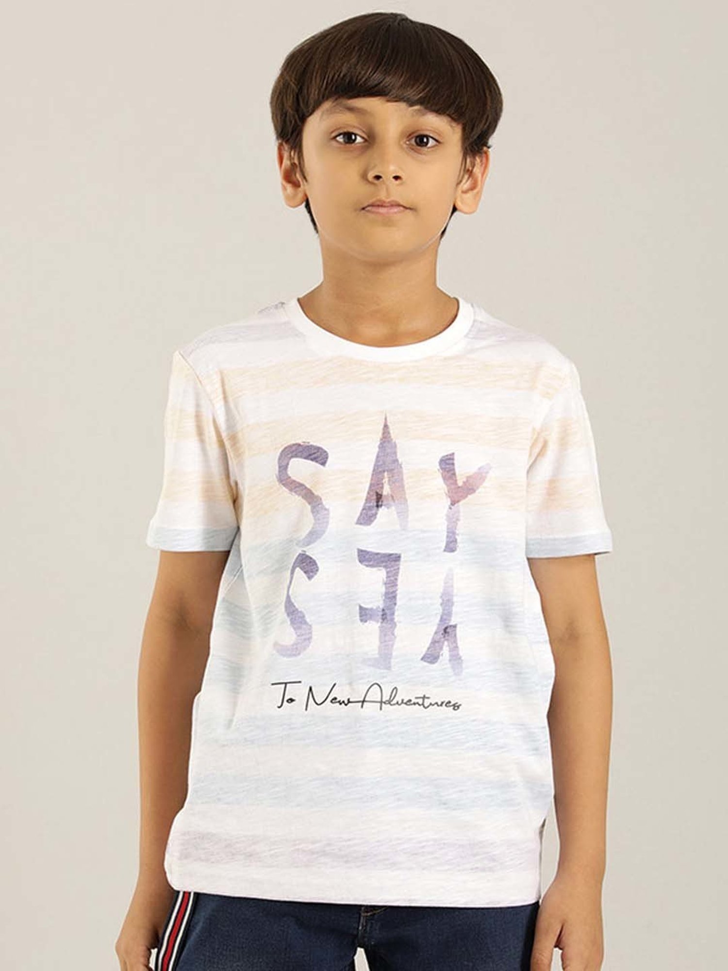Indian Terrain Kids White & Blue Cotton Printed T-Shirt