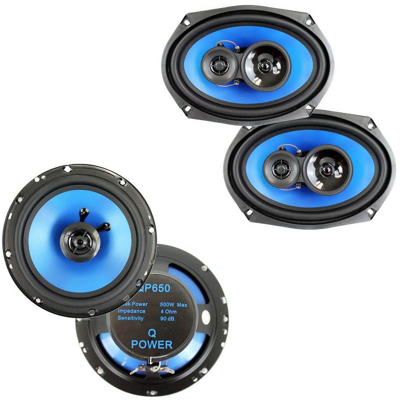 Q Power 6x9-Inch 500W 3-Way Speakers (2) + 6.5" 300W 2-Way Car Speakers (2)