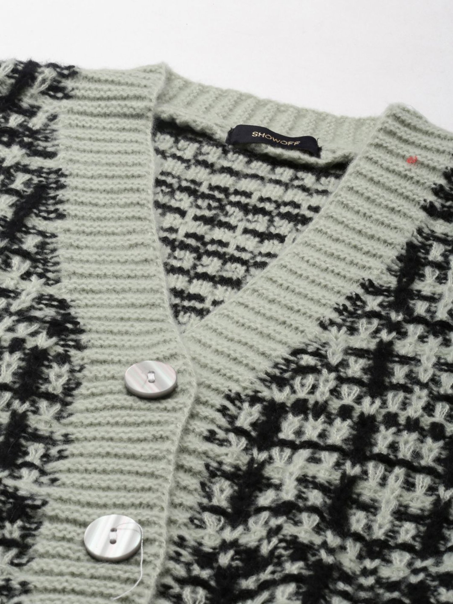 SHOWOFF Sea Green & Black Crochet Pattern Front-Open Cropped Sweater