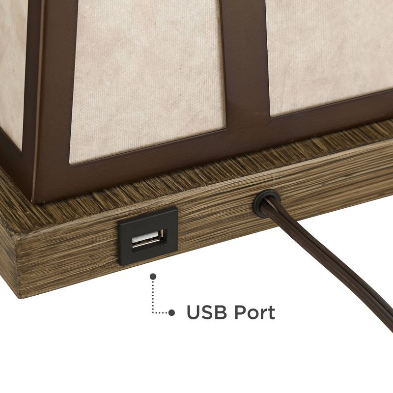 Franklin Iron Works Rustic Industrial Table Lamp with USB Port Nightlight Oiled Bronze Mica Tapered Rectangular Burlap Living Room