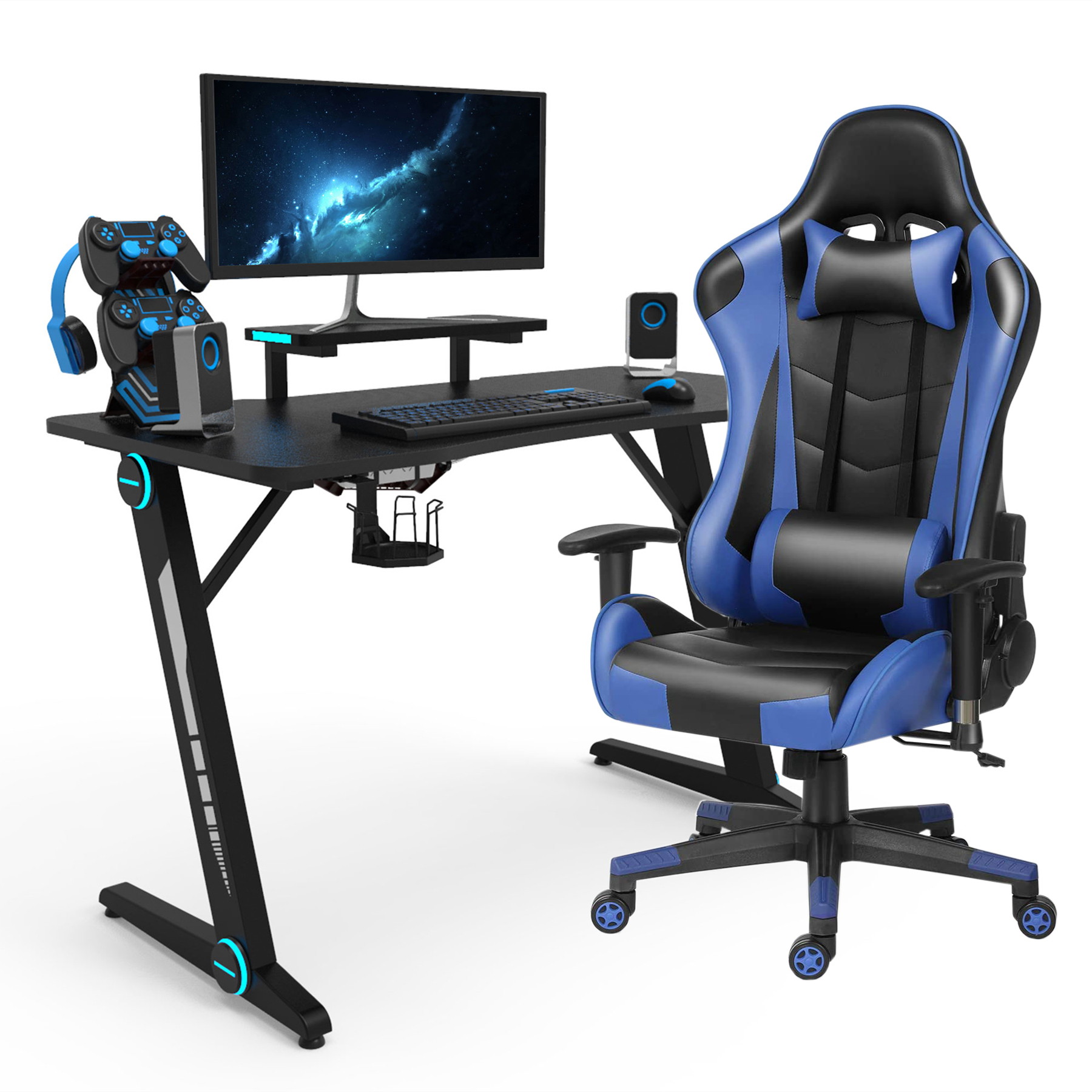47.2 Inch Z-Shaped Gaming Desk with Ergonomic PU Leather Chair Home Office Desk and Chair Set Gamer Workstation with Monitor Stand Carbon Fiber Surface Gamer Table with RGB Lights and Cup Holder