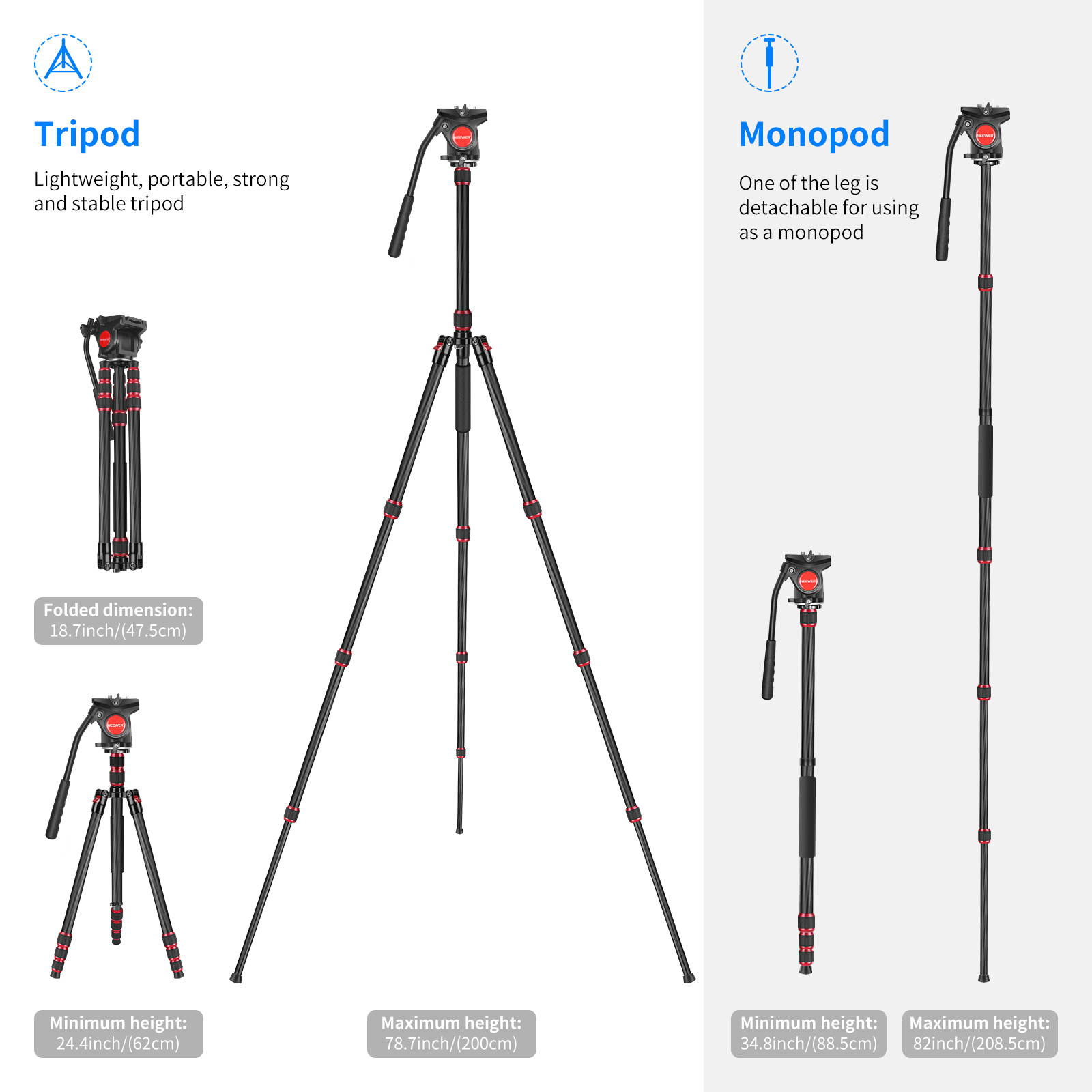 Neewer 2-in-1 N55CL Carbon Fiber Camera Tripod Monopod, Max.78.7inch/200cm Camera Video Tripod with 1/4 and 3/8 inch Screws Fluid Drag Pan Head for DSLR Cameras, Video Camcorders, Load up to 22 pounds
