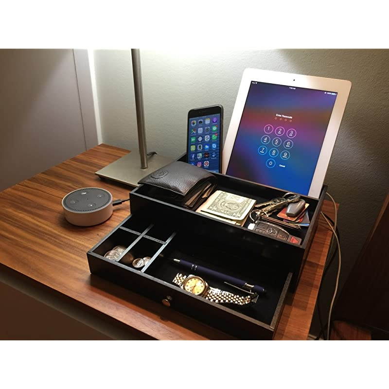 Valet Drawer Charging Station Black Nightstand Organizer Wallet and Key Tray Holds Watches Jewelry Tablet 5 Compartment Cell Phone Holder for Men and Women