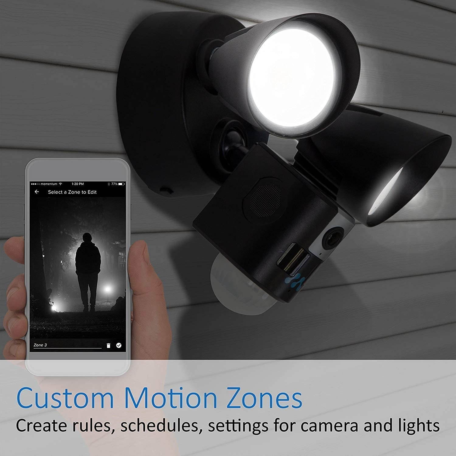 Momentum Aria Outdoor Floodlight Camera Motion-Activated HD Security Cam 2-Way Talk, Siren, LED Bulbs for iOS & Android