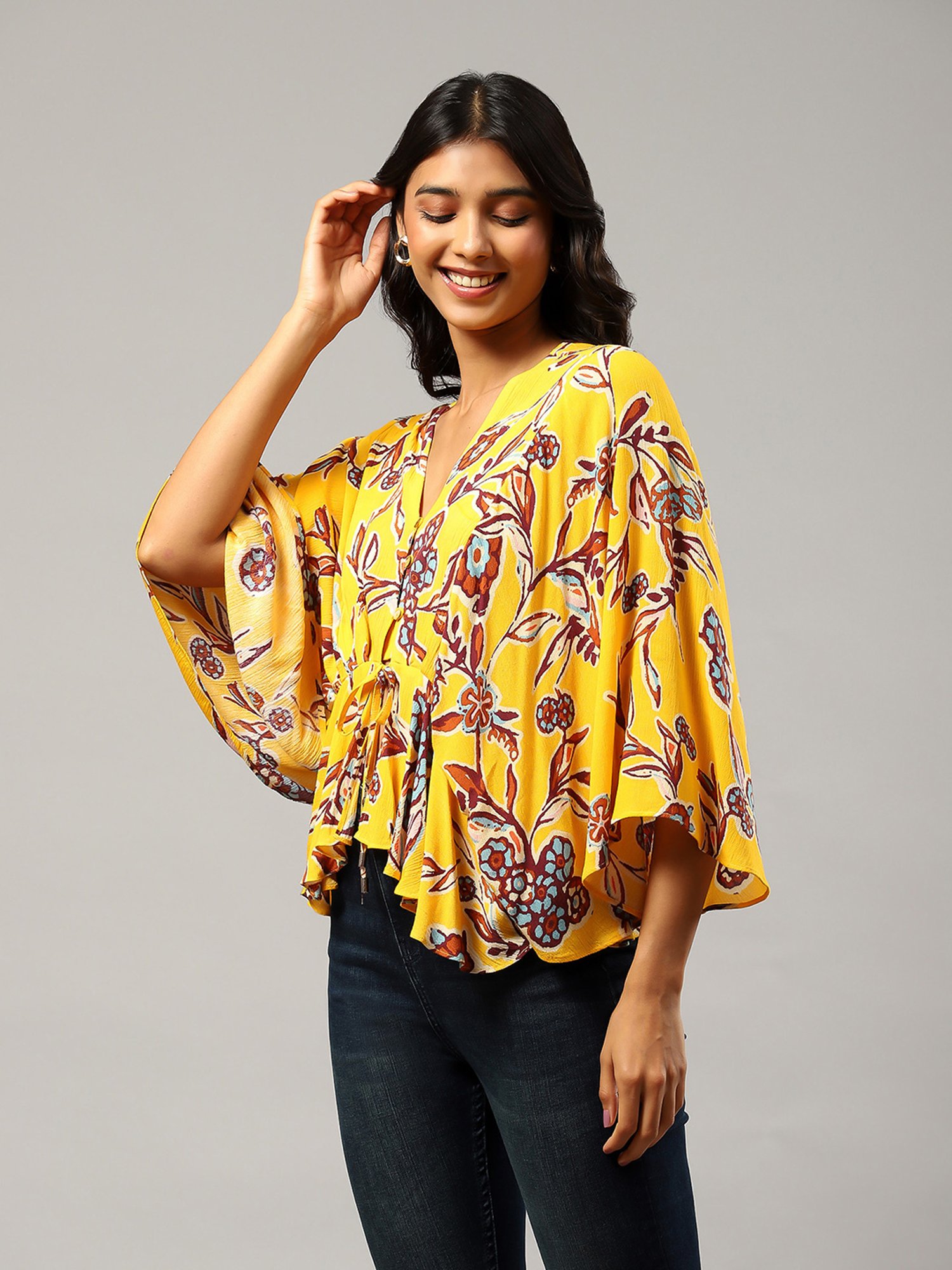 Label Ritu Kumar Yellow & Brown Floral Print Top
