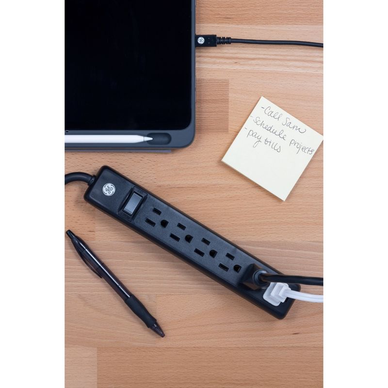 General Electric 2pk 3' Extension Cord With 6 Outlet Surge Protector Black