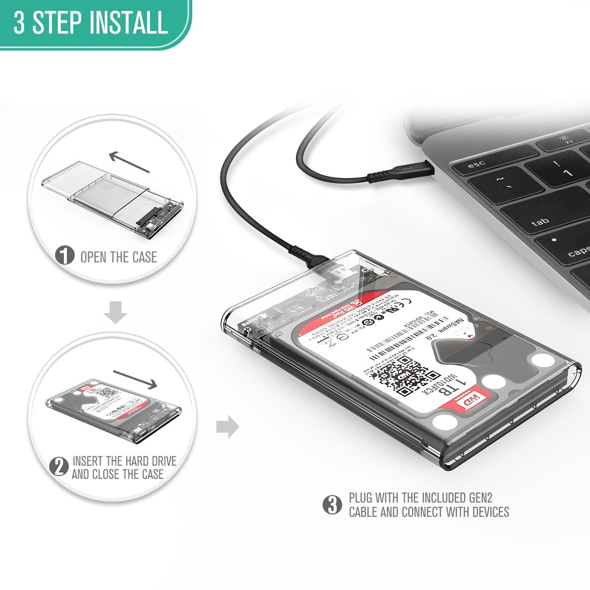 Jansicotek 2.5" External Hard Drive Enclosure, SATA III to USB Type-C for HDD/SSD - Tool Free Installation, Transparent Design, Supports UASP and up to 2TB - Clear