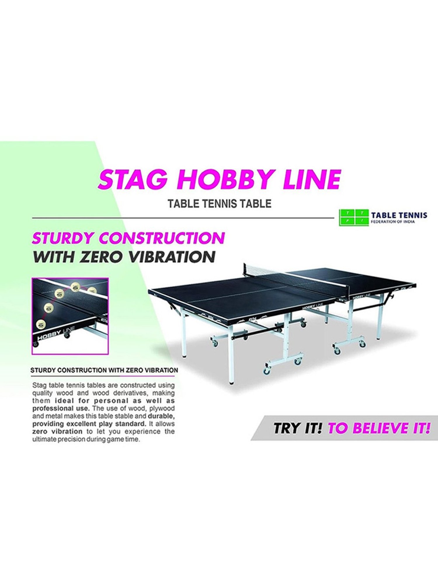 Stag Global 19mm Hobby Line 7 Minute Quick Assembly Table Tennis Table (Black)