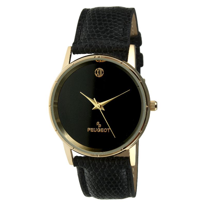 Men's Peugeot Black Leather Watch and Pen Gift Set - Black/Gold