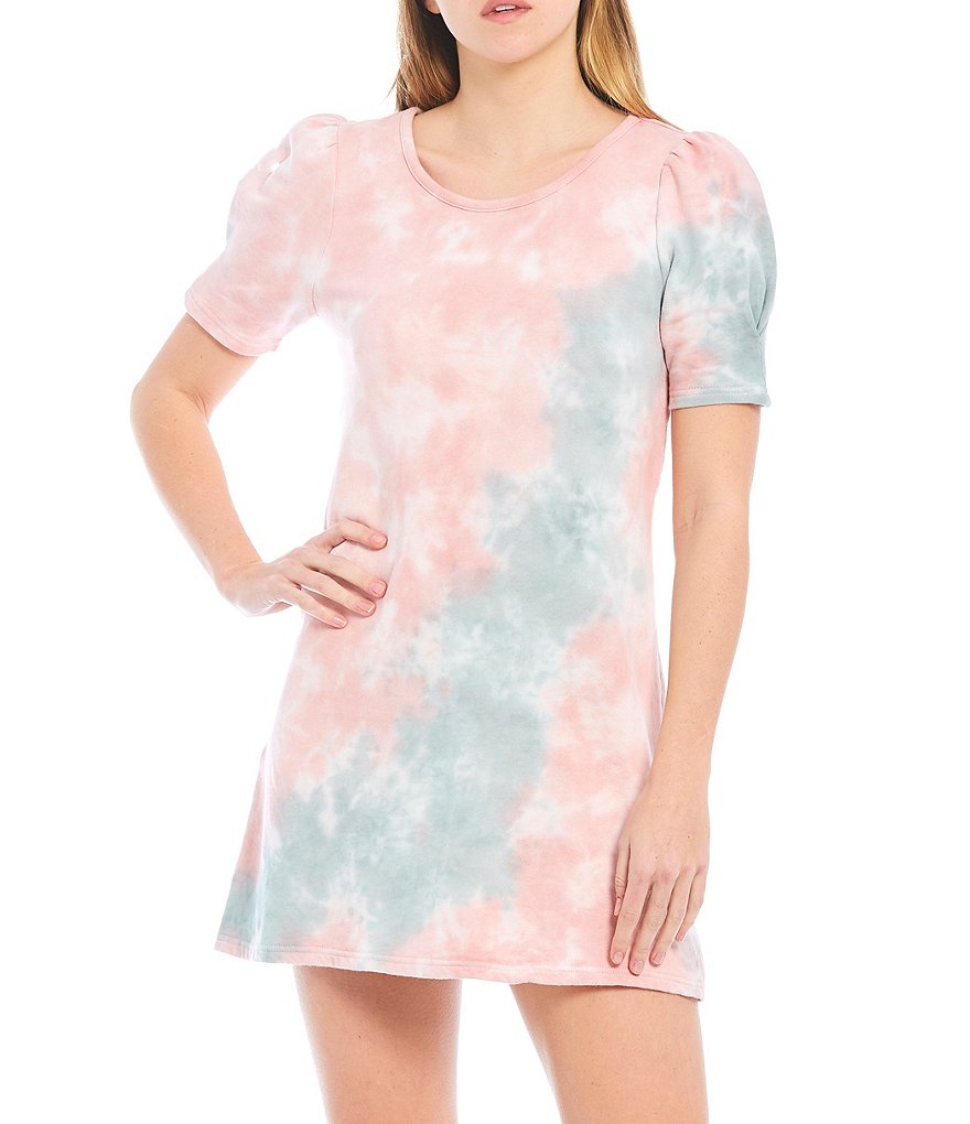 BB Dakota by Steve Madden Pastel Tie-Dye Short Puff Sleeve French Terry Knit Cosmic Girl Dress