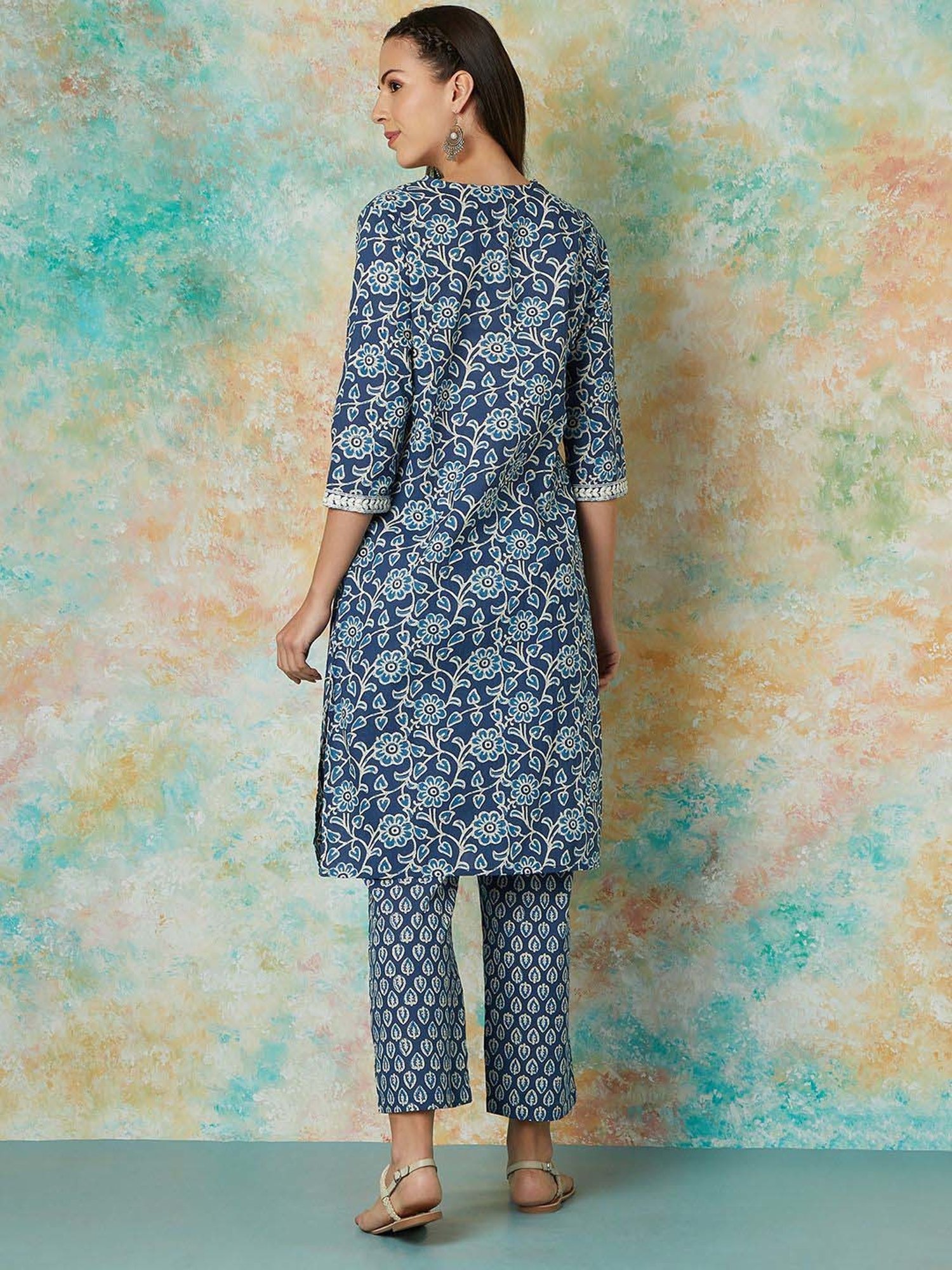 Melange by Lifestyle Blue Cotton Printed Kurta & Pant Set