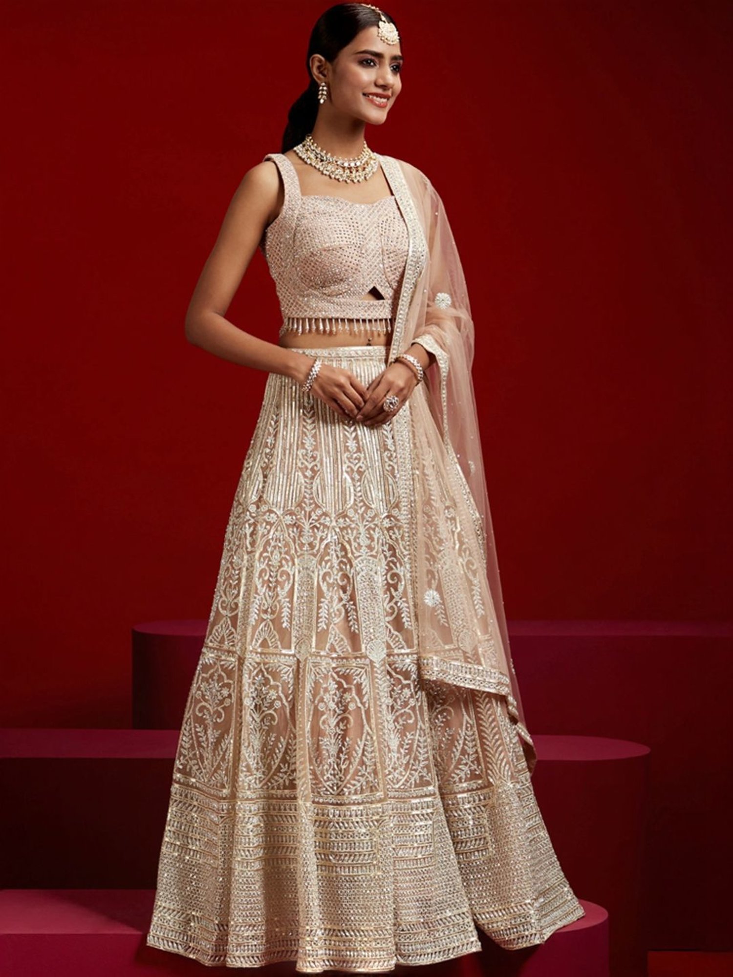 Libas Art Peach Embellished Lehenga Choli Set With Dupatta