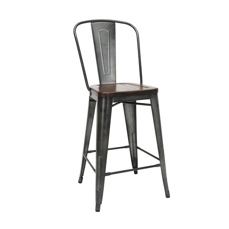 Set of 4 26" Industrial Modern High Back Galvanized Steel Counter Height Barstool with Solid Ash Wood Seats Gunmetal/Walnut - OFM