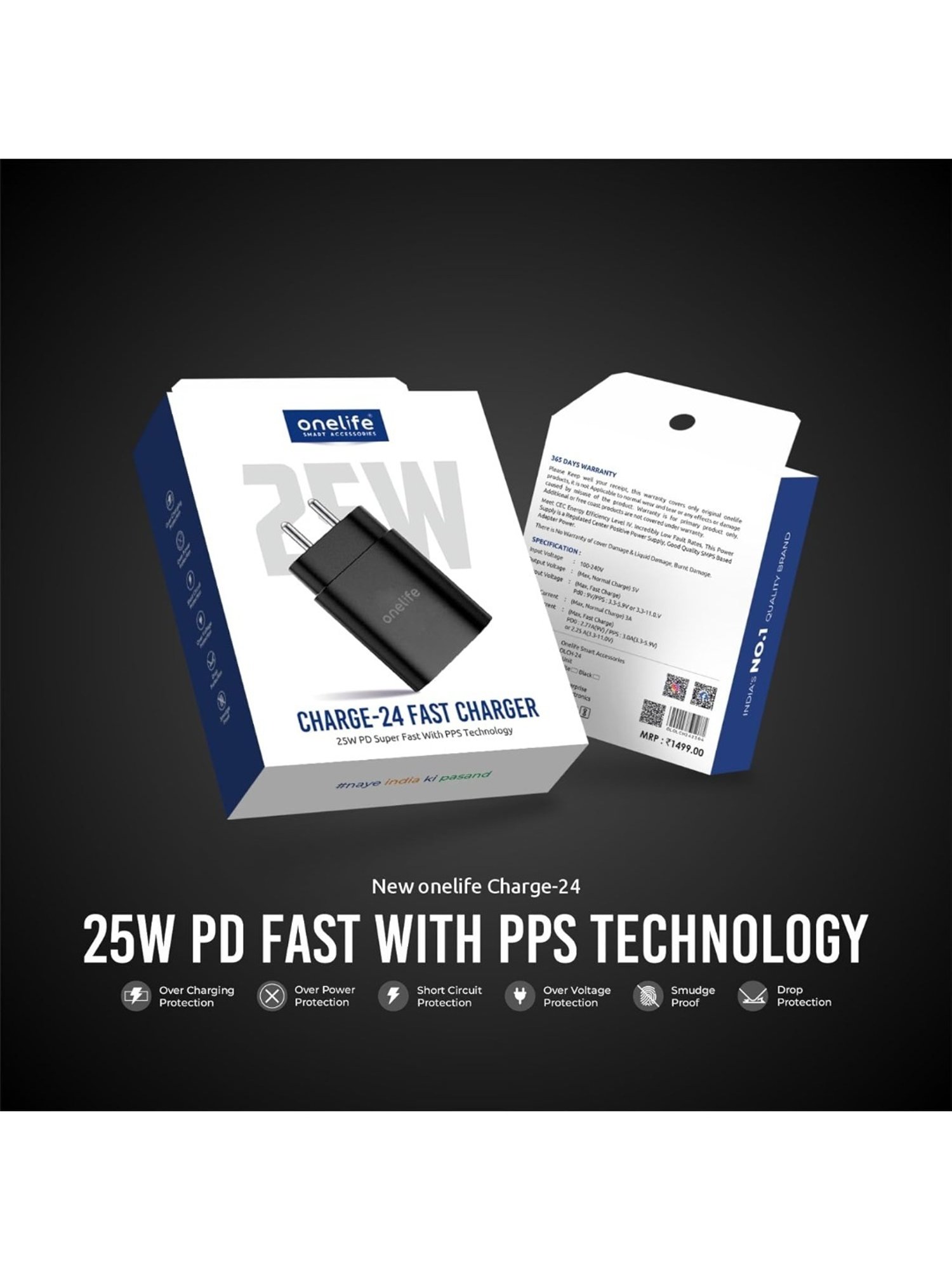 One Life 25W PD Singe Port Fast Wall Charger with Multi-Layer Protection (Black)