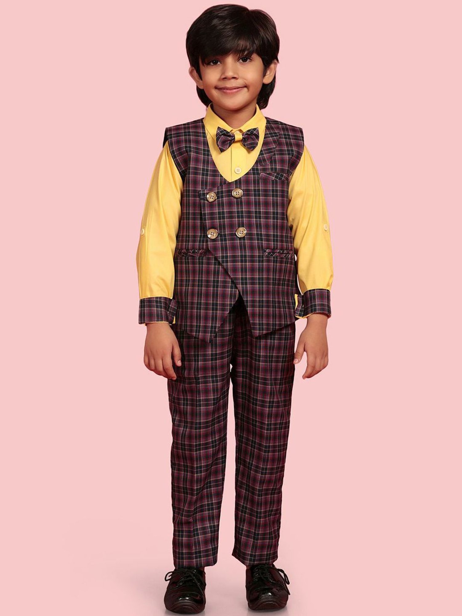 AJ Dezines Kids Purple & Yellow Chequered Full Sleeves Shirt Set