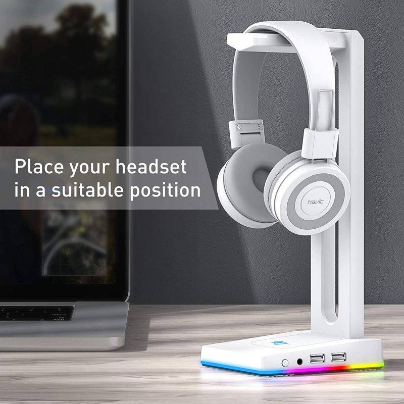 Havit RGB Headphones Stand with 3.5mm AUX and 2 USB Ports, Headphone Holder for Gamers Gaming PC Accessories Desk (White)