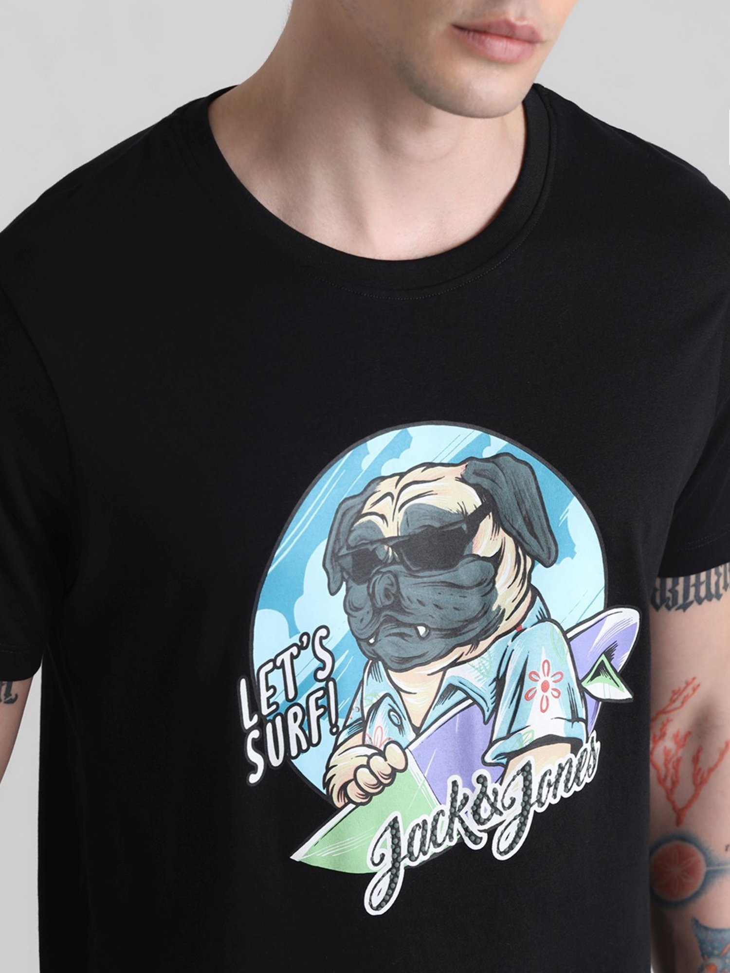 Jack & Jones Jet Black Cotton Regular Fit Printed T-Shirt