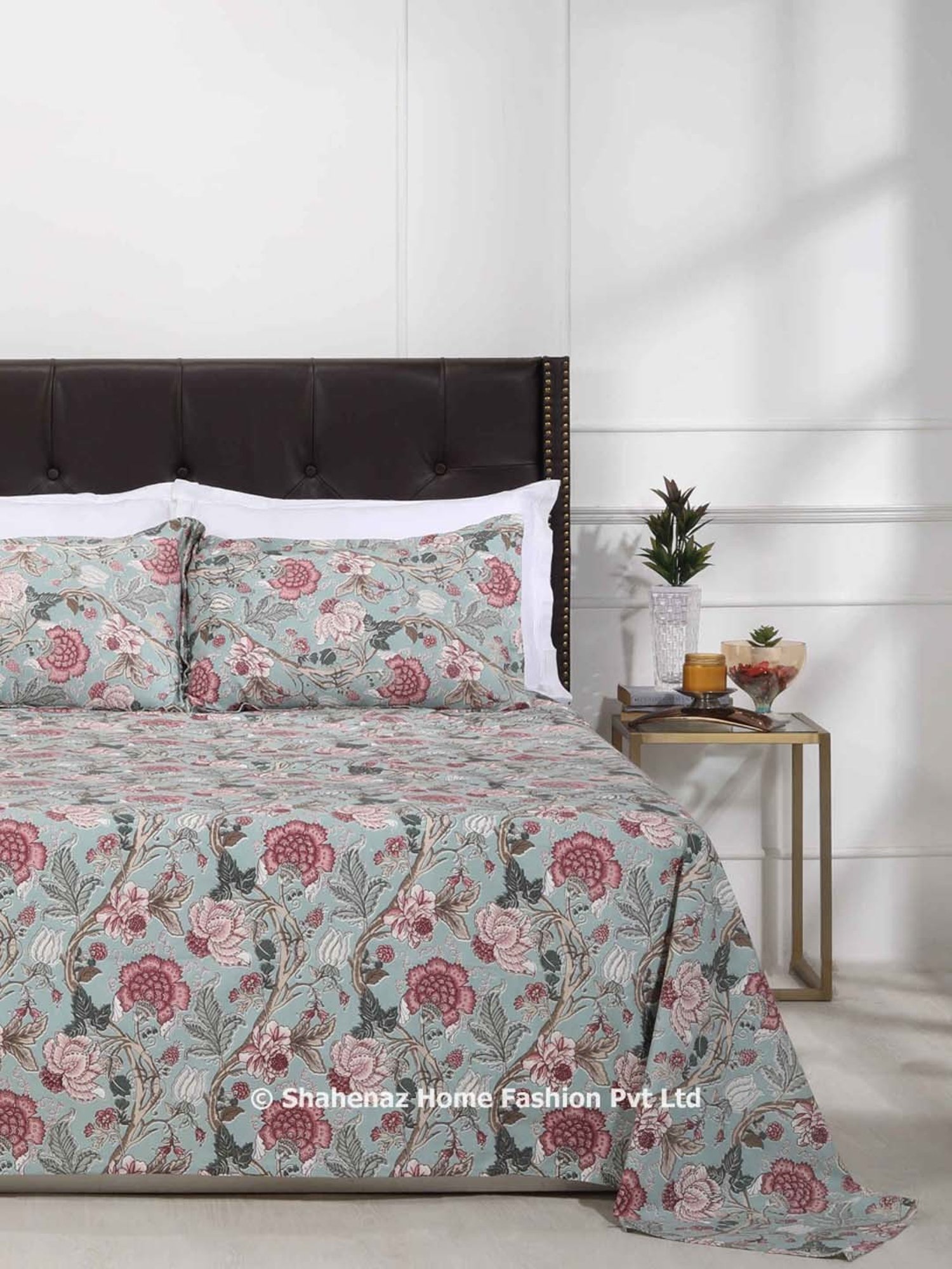 Shahenaz Blue 120 TC Cotton Blooming Chintz Double Bedsheet with 2 Pillow Covers