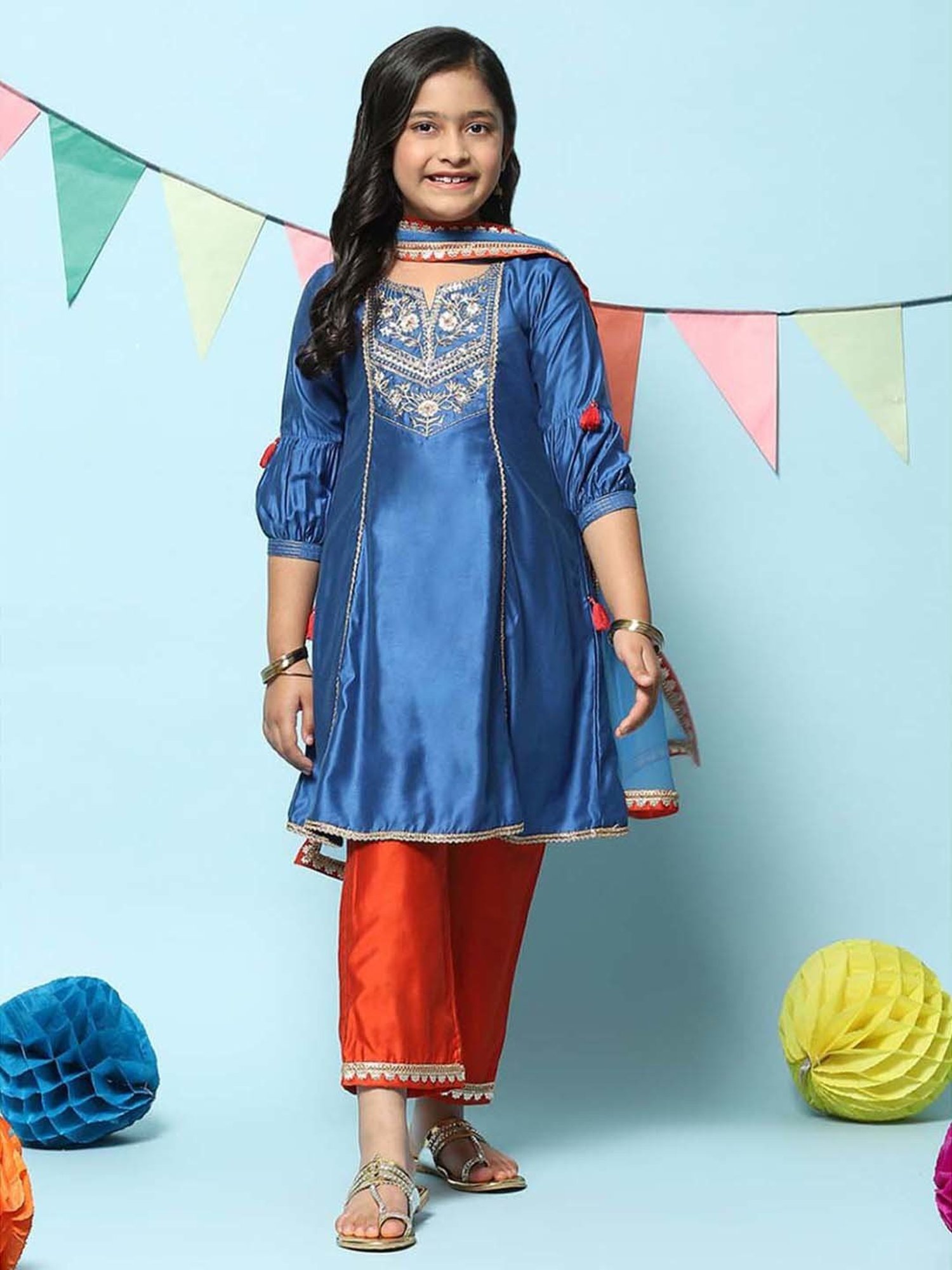 BIBA Girls Kids Blue & Orange Embroidered Kurta Set