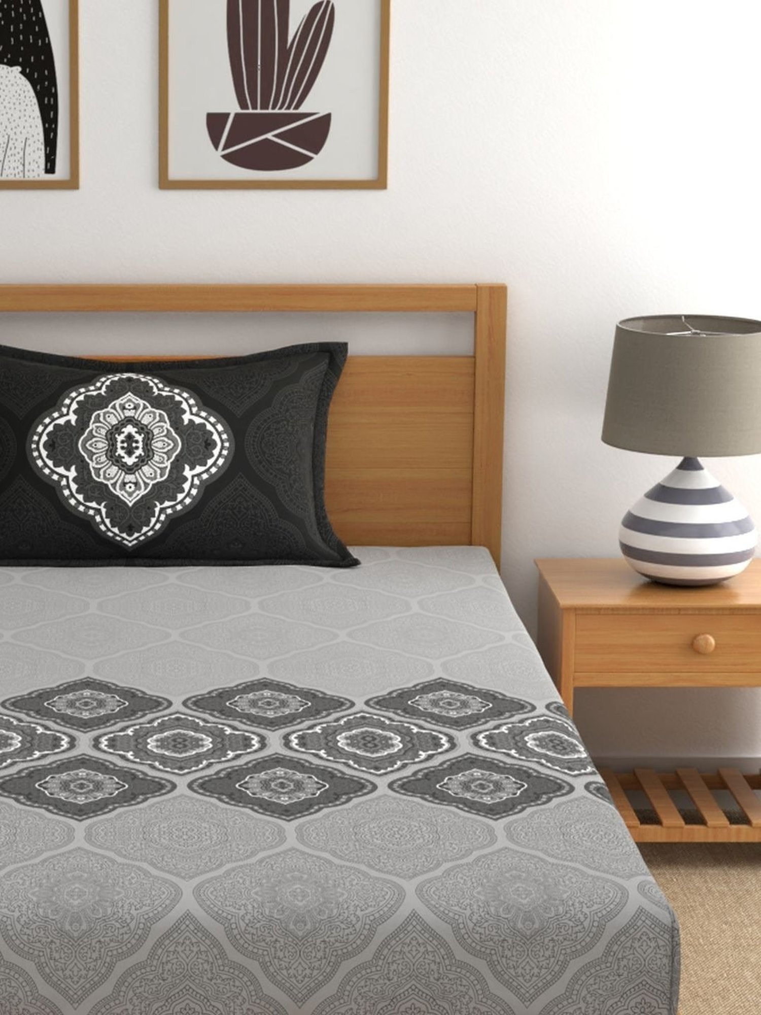 Dreamscape Ethnic Dark Grey 140 TC Cotton Single Bed Sheet with 1 Pillow Cover